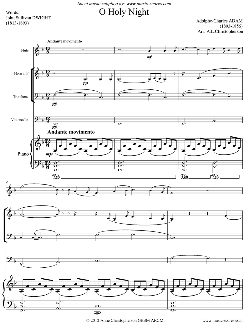 Front page of O Holy Night, or Cantique de Noel. Flute, Horn, Trombone, Cello, Piano. sheet music