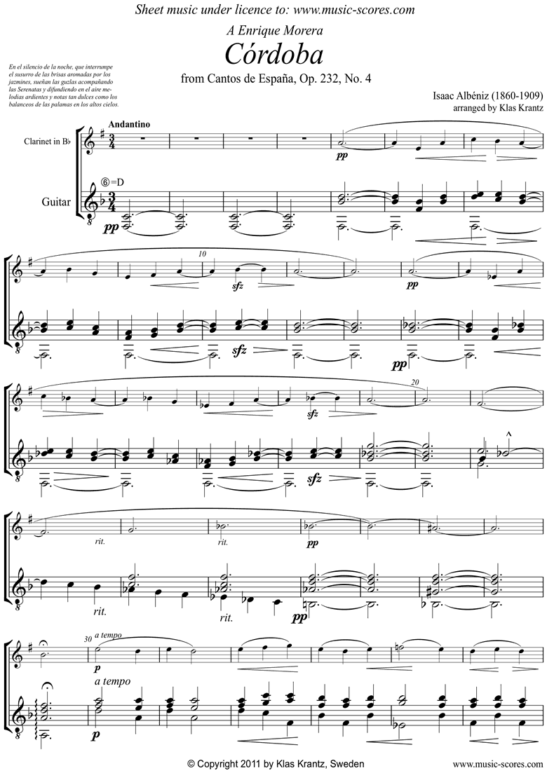 Front page of Op.232, No.4 Cordoba: Clarinet, Guitar sheet music