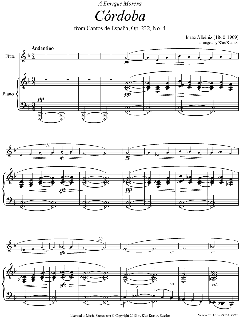 Front page of Op.232, No.4 Cordoba: Flute sheet music