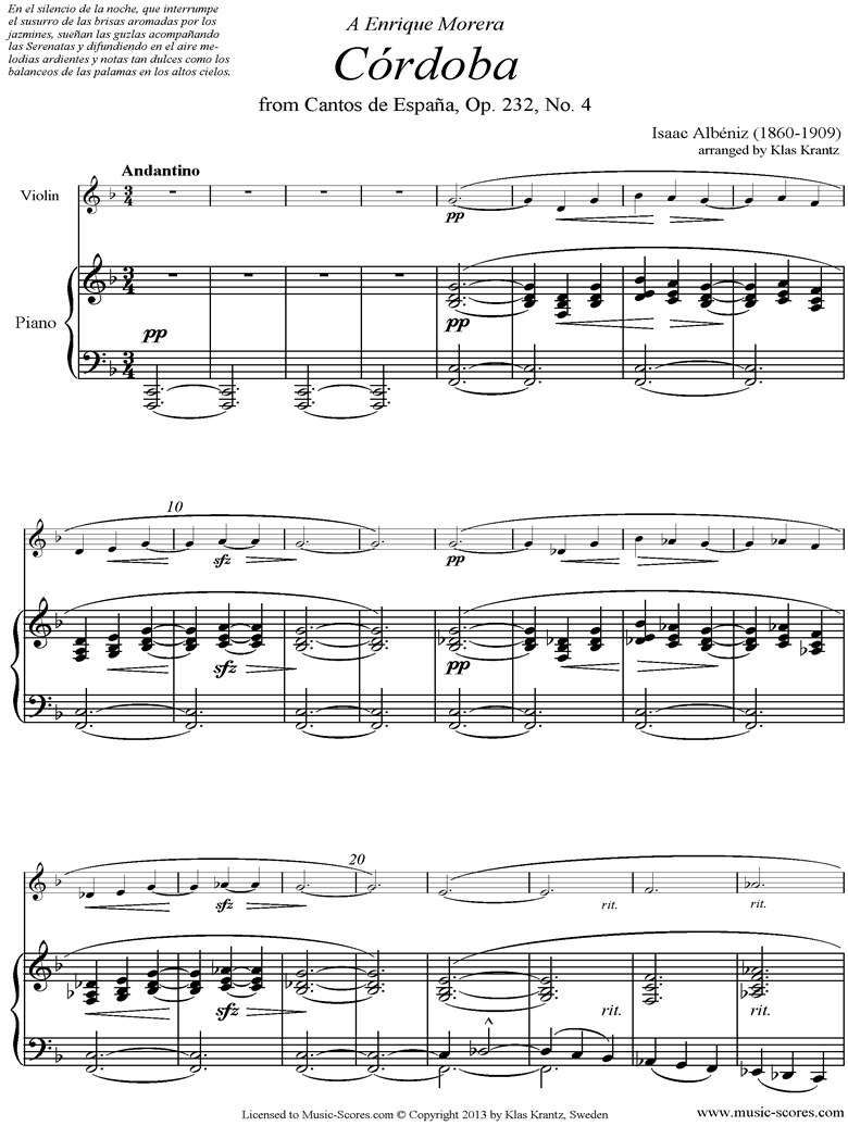 Front page of Op.232, No.4 Cordoba: Violin sheet music