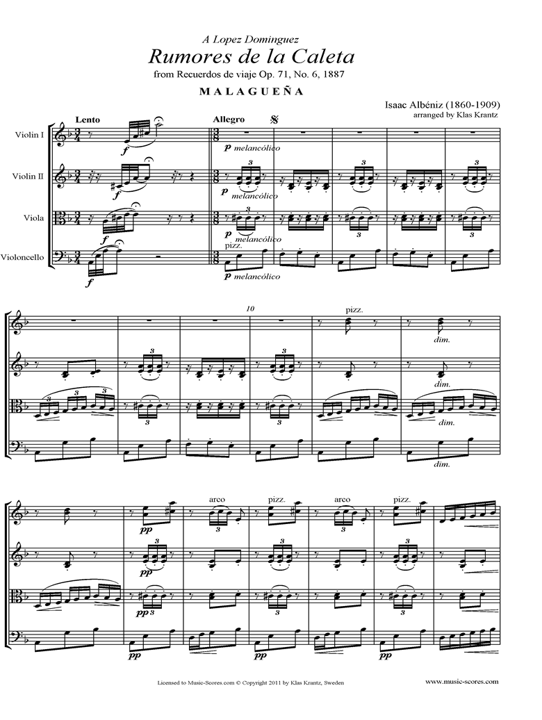 Front page of Malaguena: Op.71, No.6: String Quartet sheet music