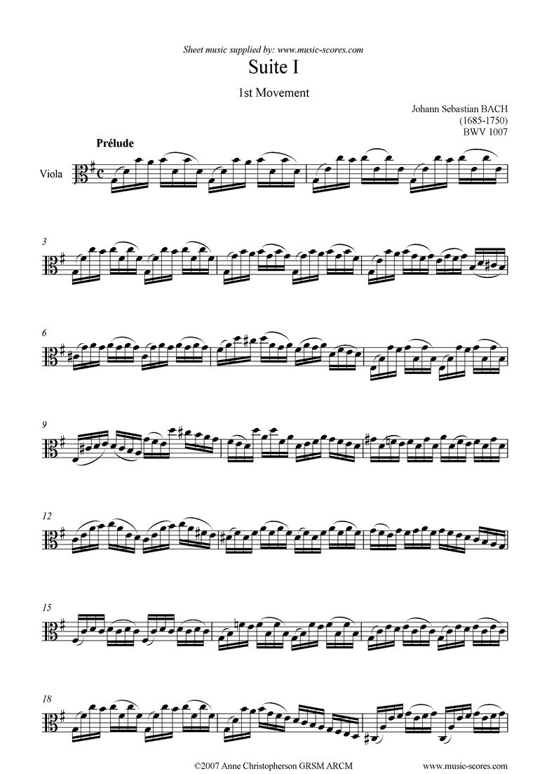 Front page of bwv 1007 Suite No.1: 1st mt: Prelude: Viola sheet music
