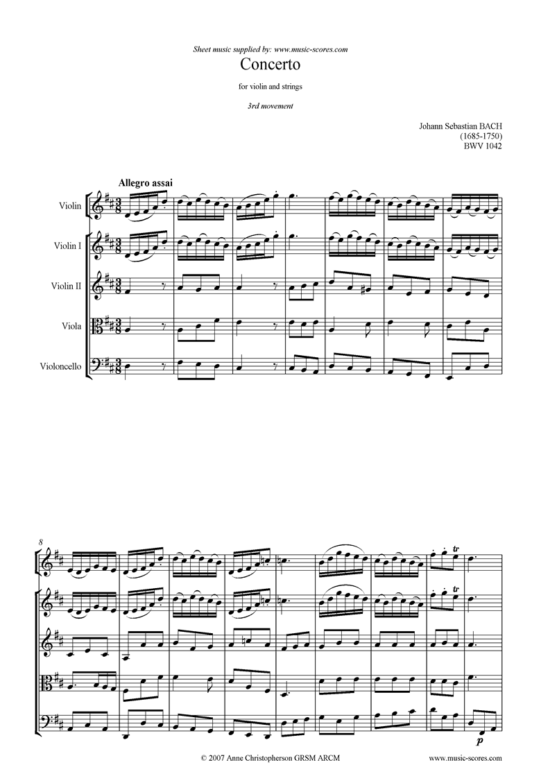 Front page of bwv 1042: Violin Concerto E: 3rd mvt down to D ma sheet music