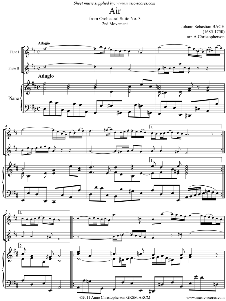 Front page of bwv 1068: Air on G for 2 flutes and piano. D ma sheet music