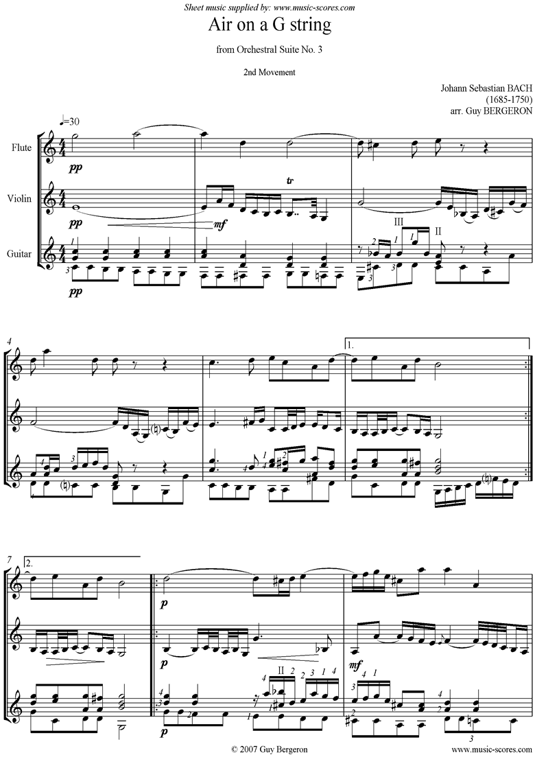 Front page of bwv 1068: Air on G for Flute, Violin and Guitar sheet music