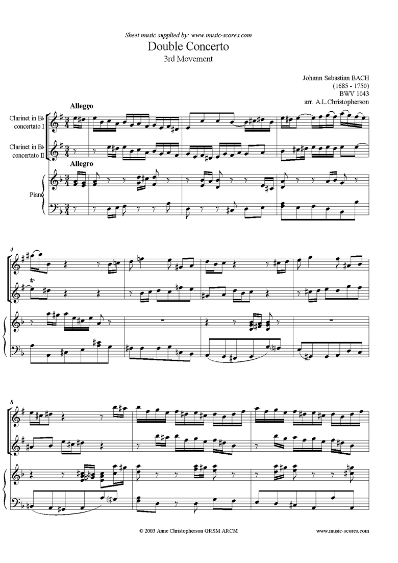 Front page of bwv 1043: Double Concerto, 2 cls: 3rd movement sheet music