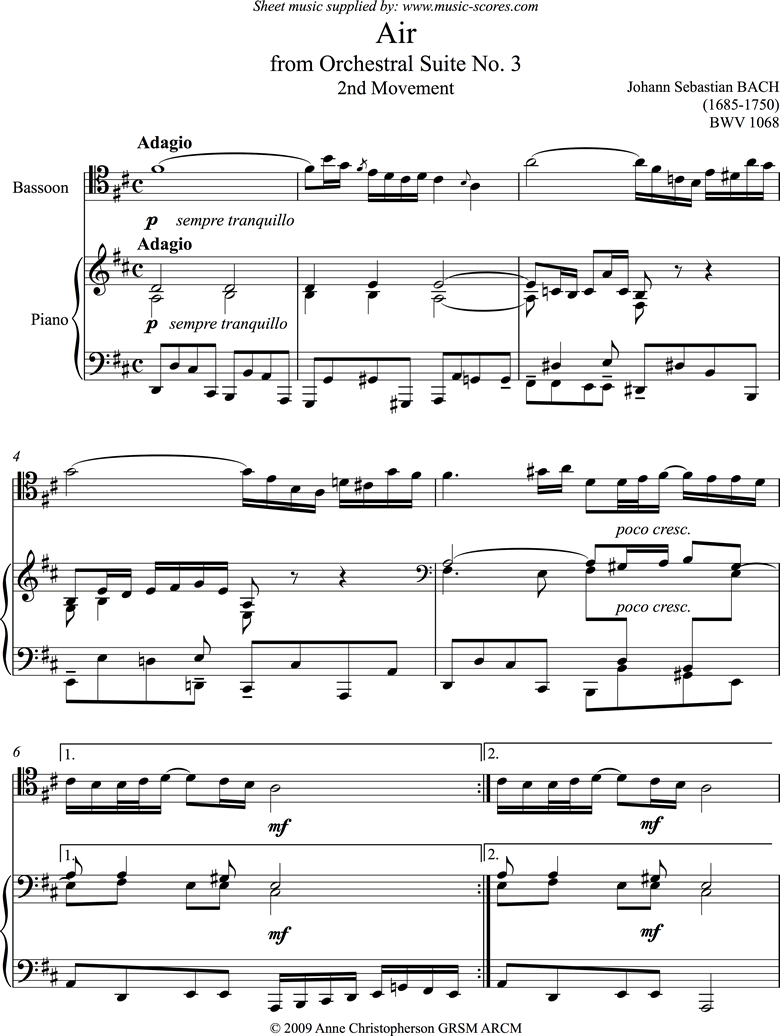 Front page of bwv 1068: Air on G:Bassoon and Piano. sheet music