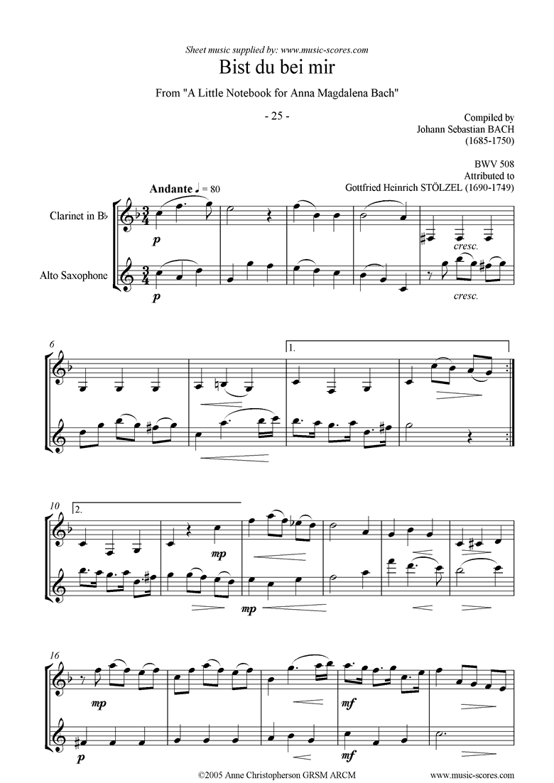 Front page of Anna Magdalena: No. 25: Bist du bei mir: wind duo sheet music