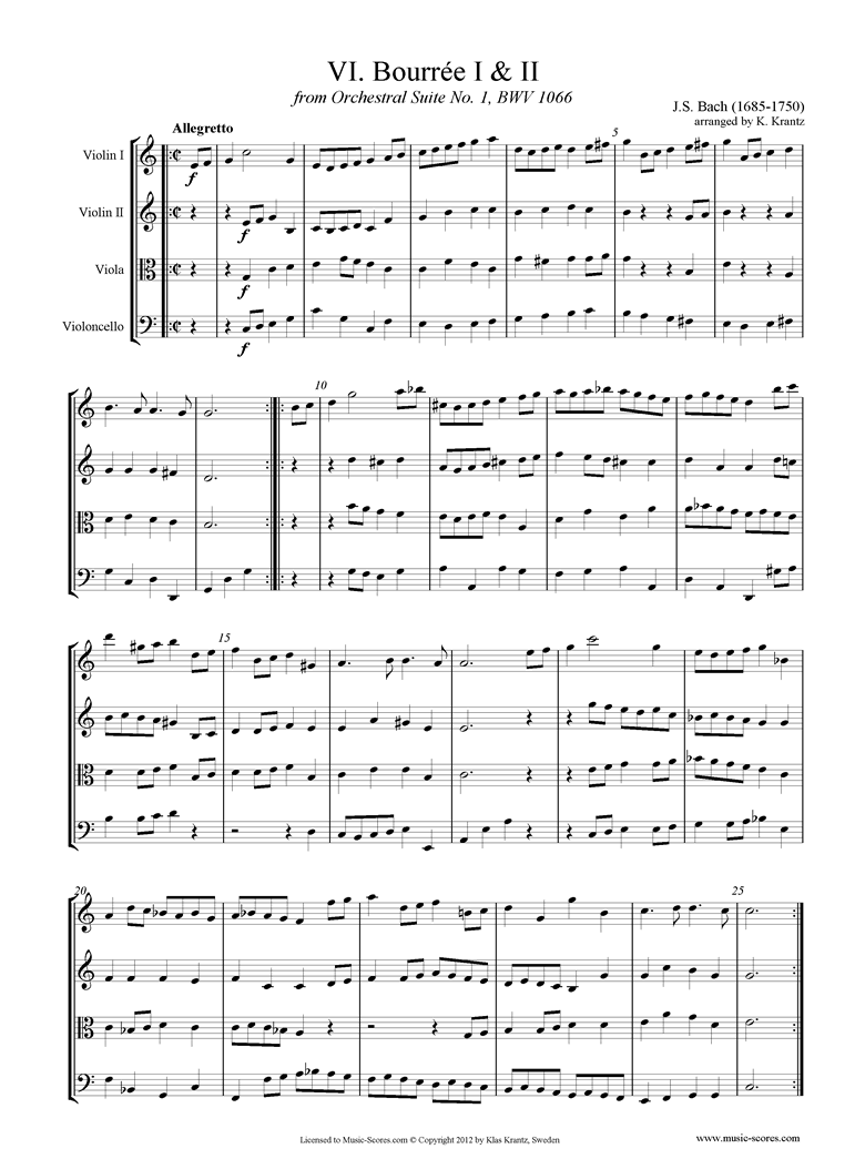 Front page of BWV 1066, 6th mvt: Two Bourrees: String 4 sheet music