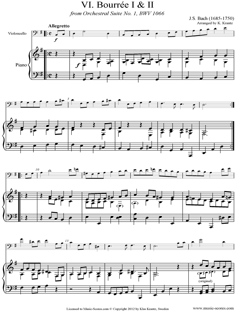 Front page of BWV 1066, 6th mvt: Two Bourrees: Cello, Piano sheet music