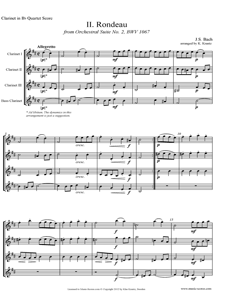 Front page of BWV 1067, 2nd mvt: Rondeau: 4 Clarinets sheet music