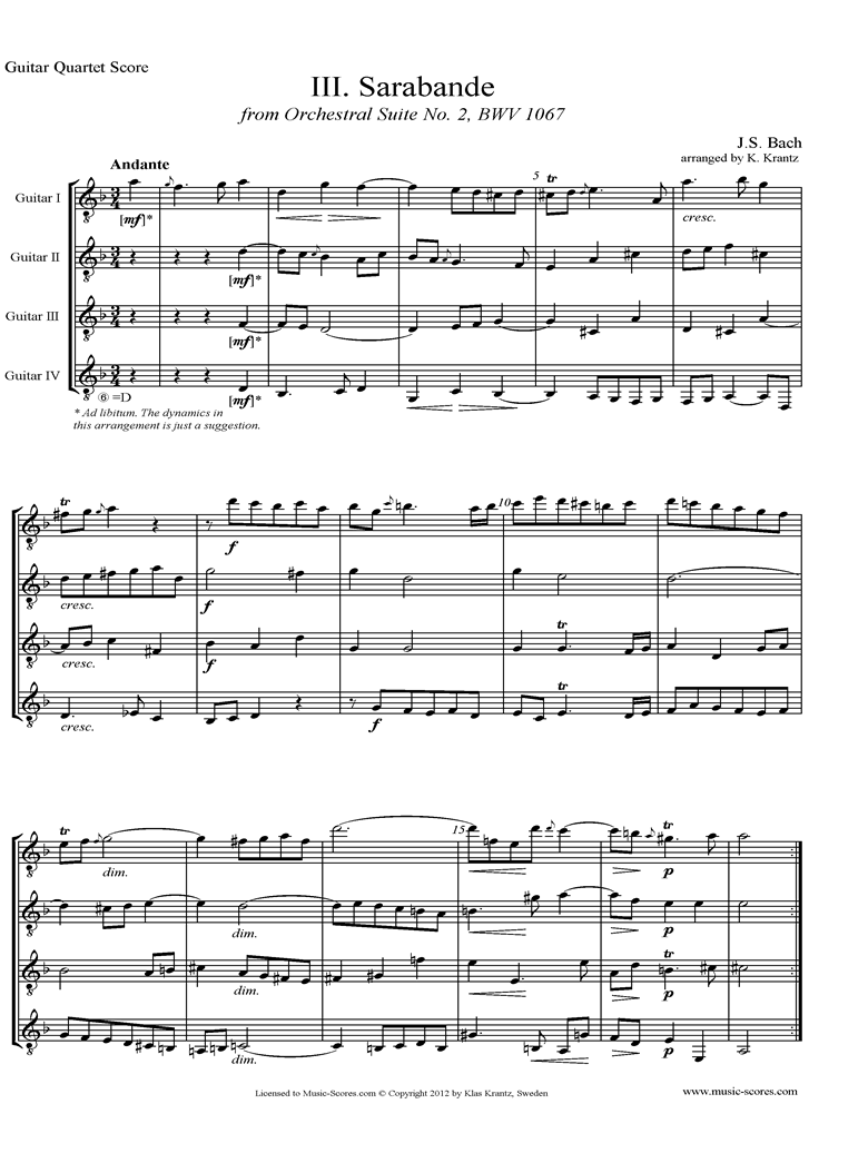 Front page of BWV 1067, 3rd mvt: Sarabande: 4 Guitars sheet music