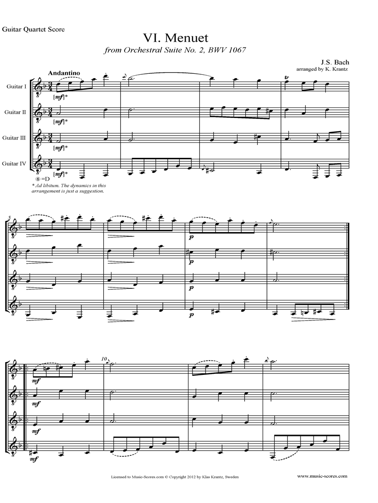 Front page of BWV 1067, 6th mvt: Minuet: 4 Guitars sheet music
