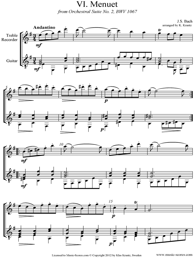 Front page of BWV 1067, 6th mvt: Minuet: Treble Recorder and Guitar sheet music
