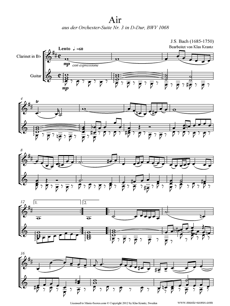 Front page of bwv 1068: Air on G: Clarinet and Guitar. sheet music