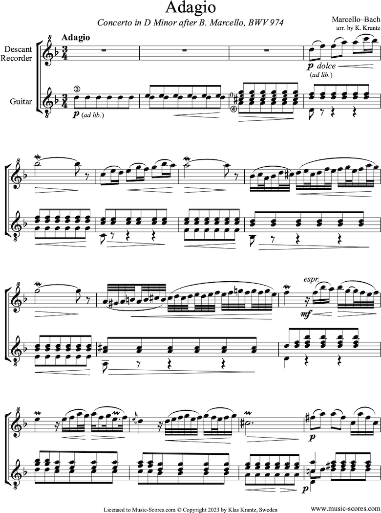 Front page of BWV 974 2nd movement Adagio of Marcello D minor Concerto: Descant Recorder and Guitar sheet music