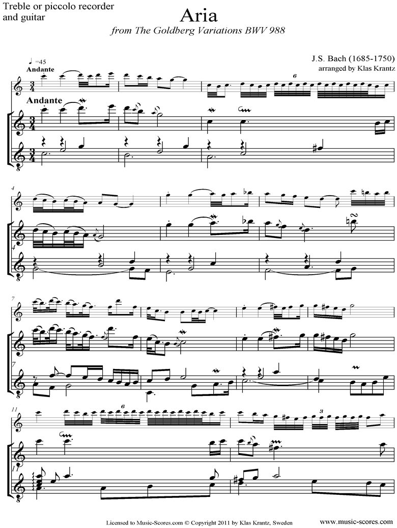 Front page of Goldberg Variations: No. 00 Aria: Treble Recorder, Guitar sheet music