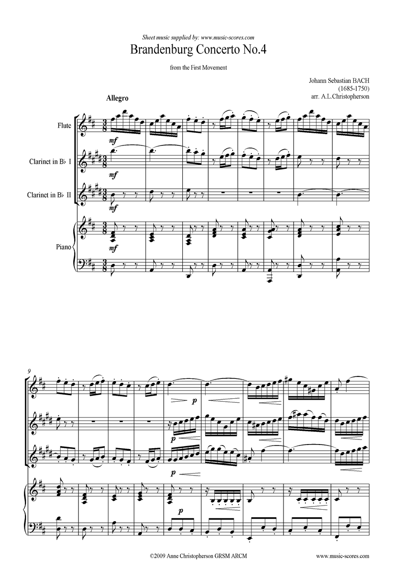 Front page of Brandenburg 4: 1st mvt: Flute, 2 Clarinets, Piano sheet music