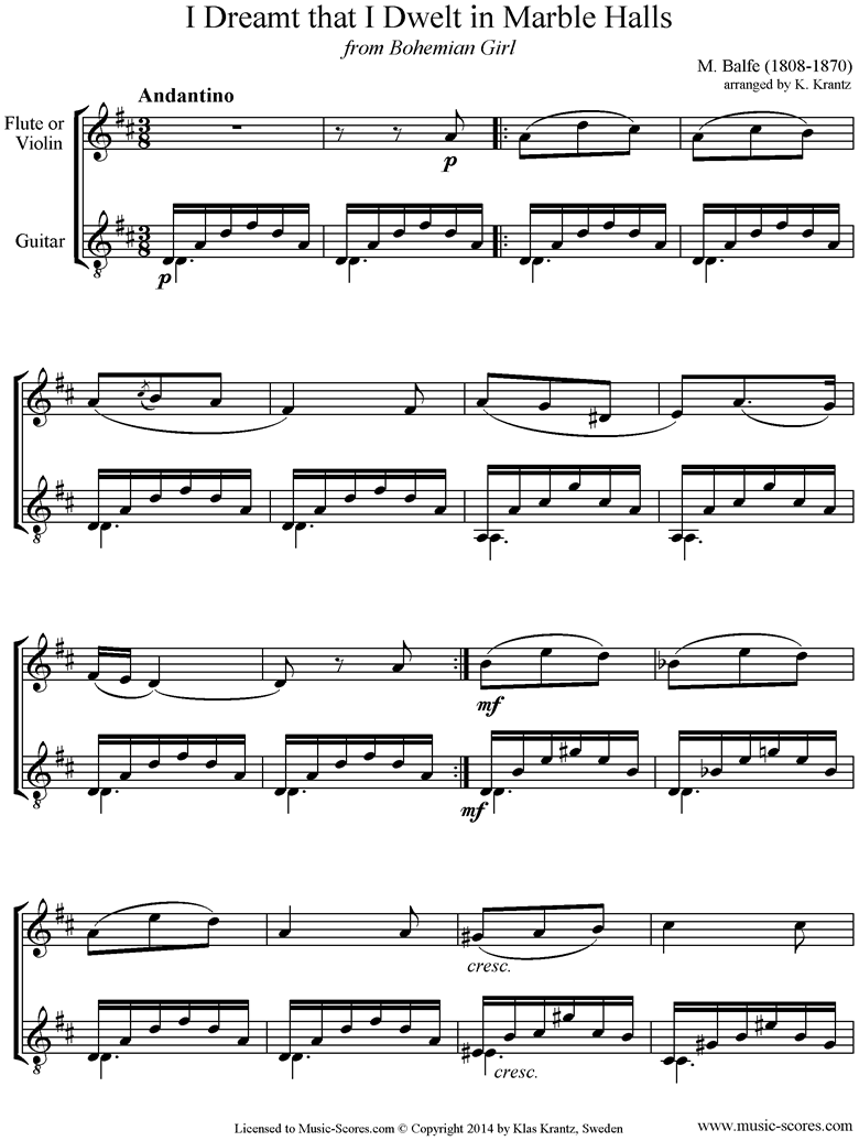 Front page of I Dreamt that I Dwelt in Marble Halls: Flute, Guitar sheet music