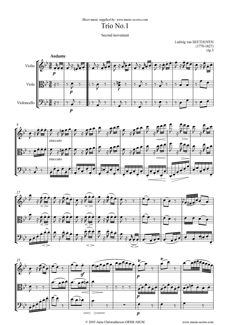 Front page of Op.03: Trio No.1: 2nd mt: Andante sheet music