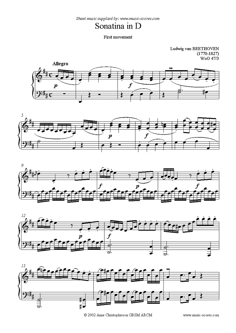 Front page of Sonatina in D, 1st movement sheet music