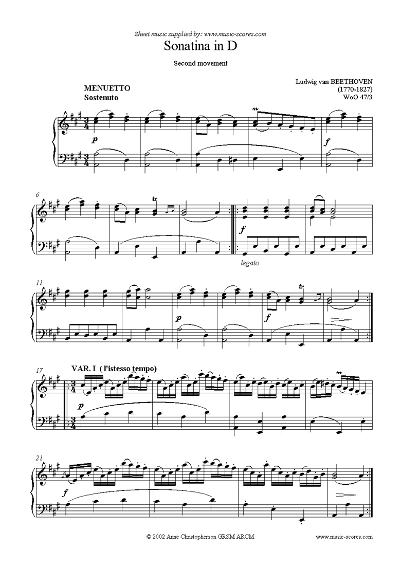 Front page of Sonatina in D, 2nd movement sheet music