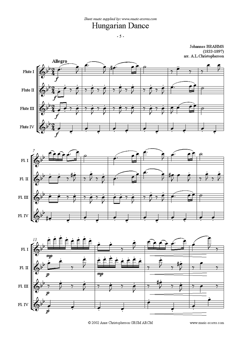 Front page of Hungarian Dance No.5: Flute Quartet sheet music