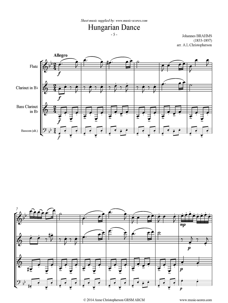 Front page of Hungarian Dance No.5: Flute, Clarinet, Bass Clarinet or Bassoon sheet music