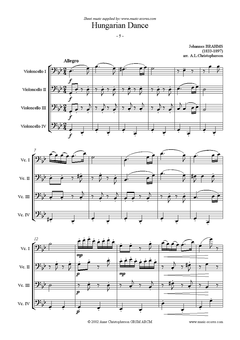 Front page of Hungarian Dance No.5: Cello Quartet sheet music