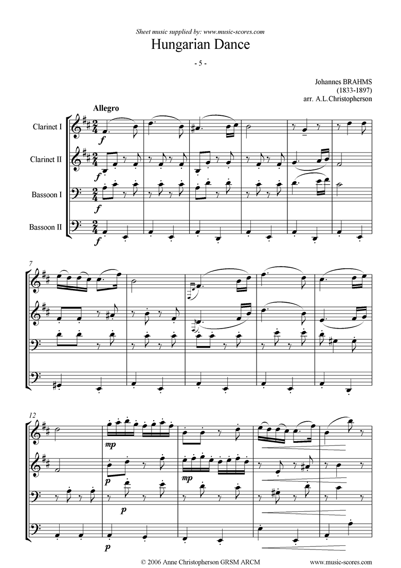 Front page of Hungarian Dance No.5: 2 Clarinets, 2 Bassoons sheet music