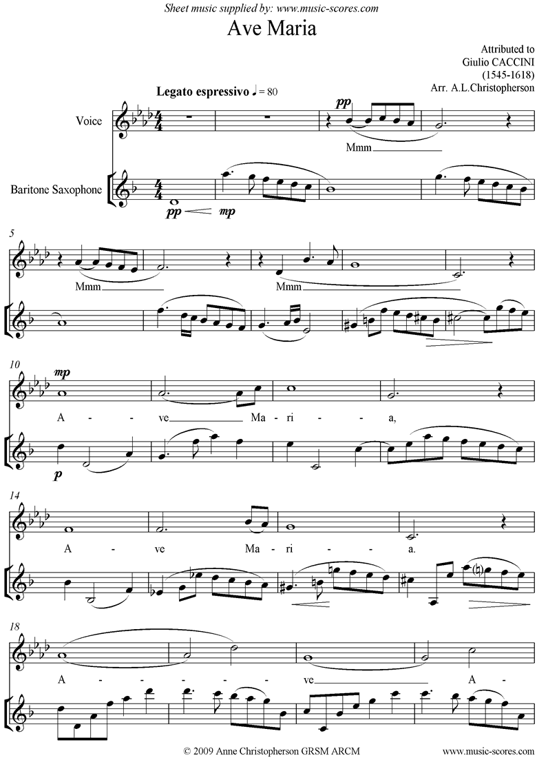 Front page of Ave Maria: Voice and Baritone Sax sheet music