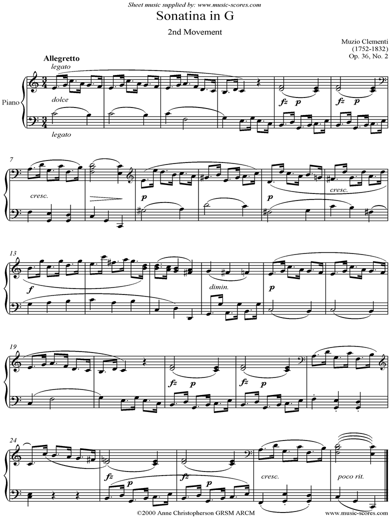 Front page of Op. 36, No. 2: Sonatina in G: 2nd Movement sheet music