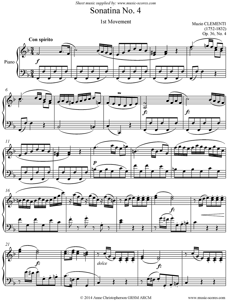 Front page of Op. 36, No. 4: Sonatina in F: 1st Movement sheet music