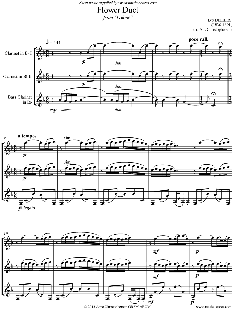 Front page of The Flower Duet: Lakme: 2 Clarinets, Bass Clarinet sheet music