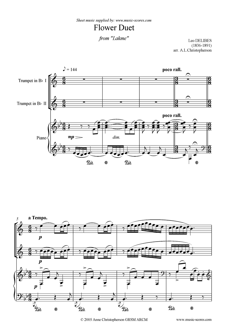 Front page of The Flower Duet: Lakme: 2 trumpets and piano sheet music