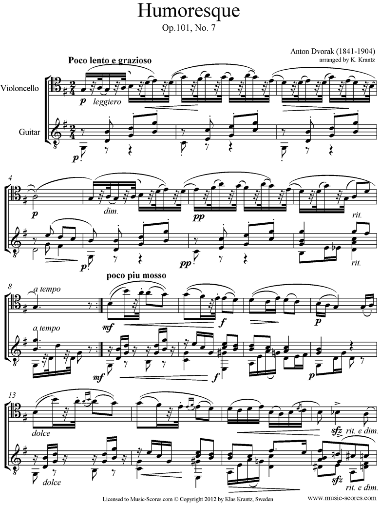 Front page of Op.101, No.7: Humoresque: Cello, Guitar sheet music