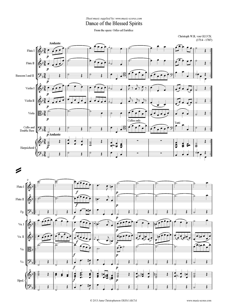 Front page of Orfeo ed Euredice: Dance of the Blessed Spirits: Mixed ensemble sheet music