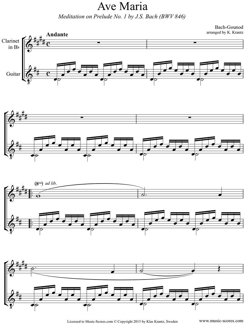 Front page of Ave Maria: Clarinet, Guitar sheet music
