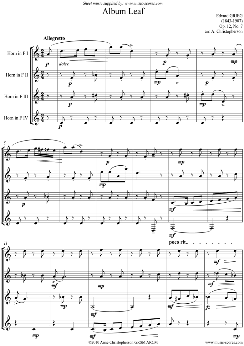 Front page of Op.12, No.7: Album Leaf. 4 Horns sheet music