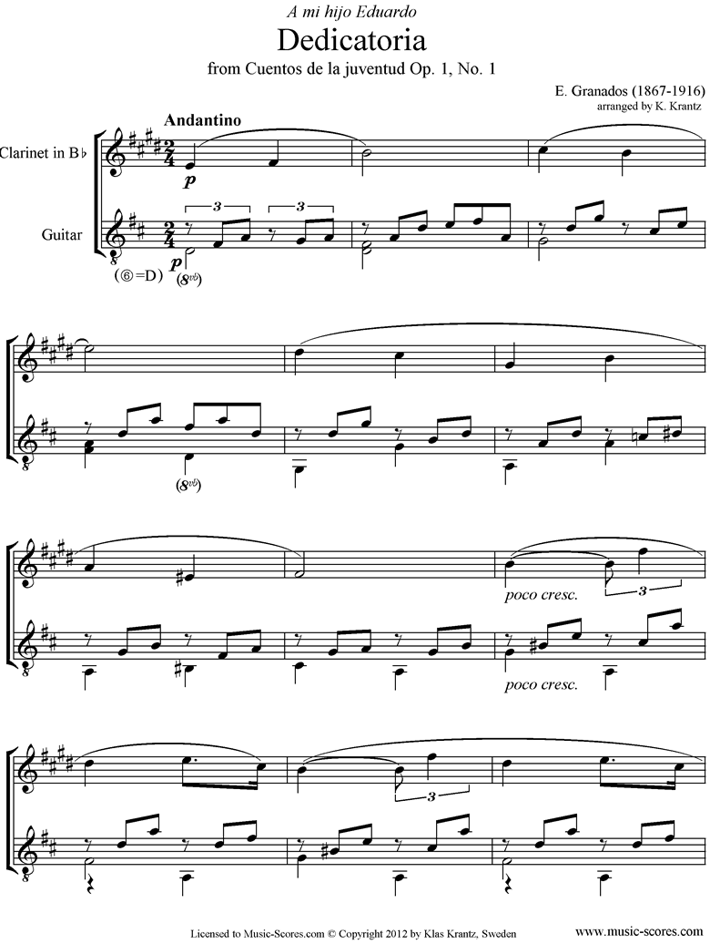 Front page of Dedicatoria: Op.1 No.1: Clarinet, Guitar. sheet music