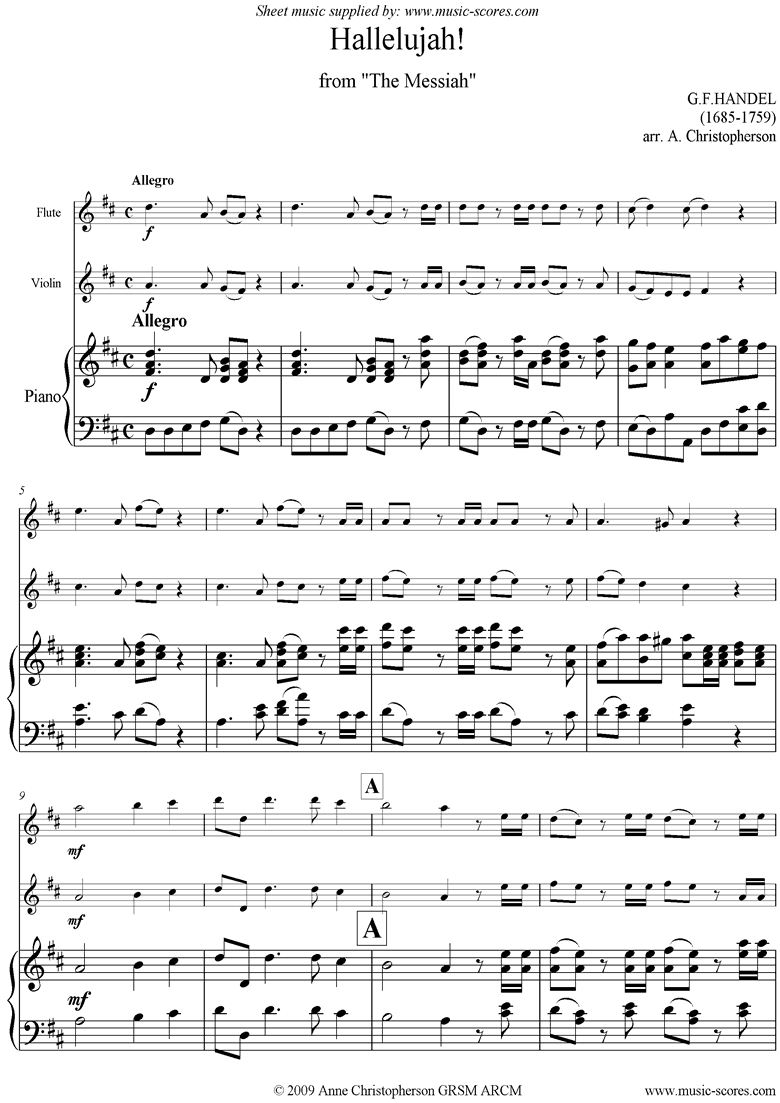 Front page of Messiah: Hallelujah Chorus: Flute, Violin, Piano sheet music