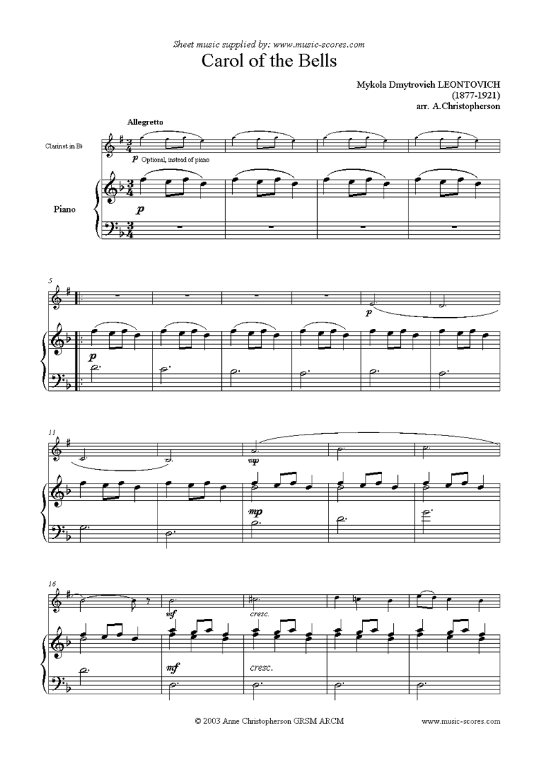 Front page of Carol of the Bells - Clarinet sheet music