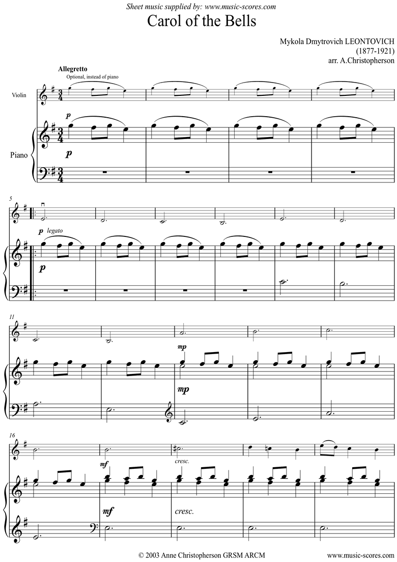 Front page of Carol of the Bells - Violin - E minor sheet music