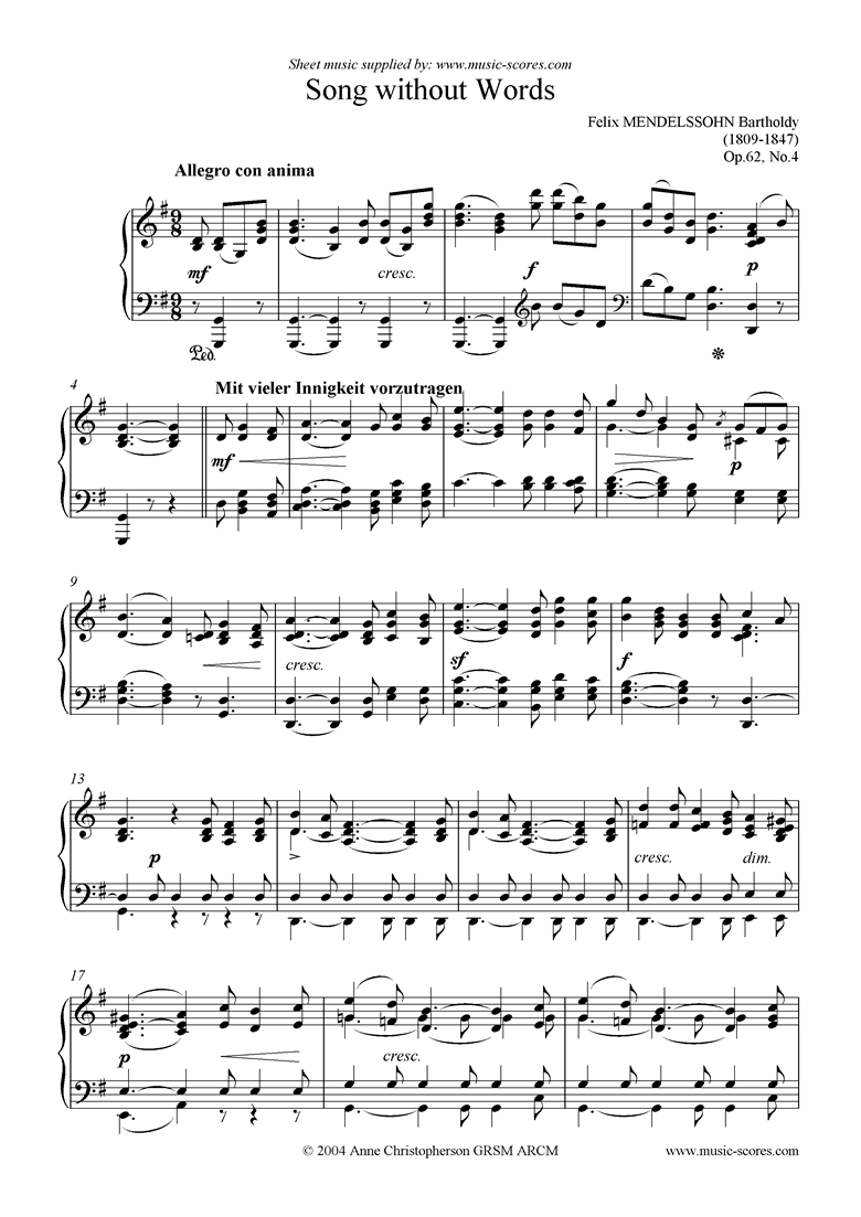Front page of Op.62, No.4: Song Without Words sheet music
