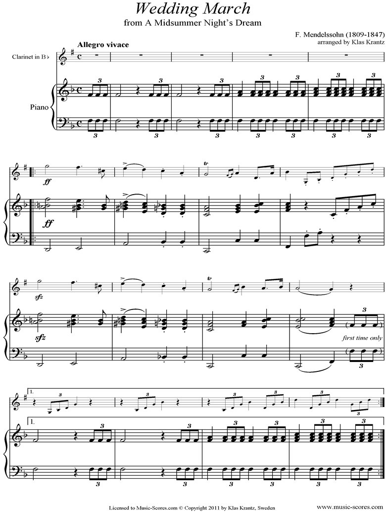 Front page of Op.61: Midsummer Nights Dream: Bridal March: Clarinet, Guitar sheet music