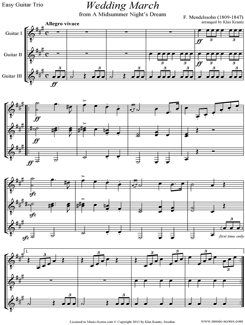 Front page of Op.61: Midsummer Nights Dream: Bridal March: Guitar Trio easy sheet music