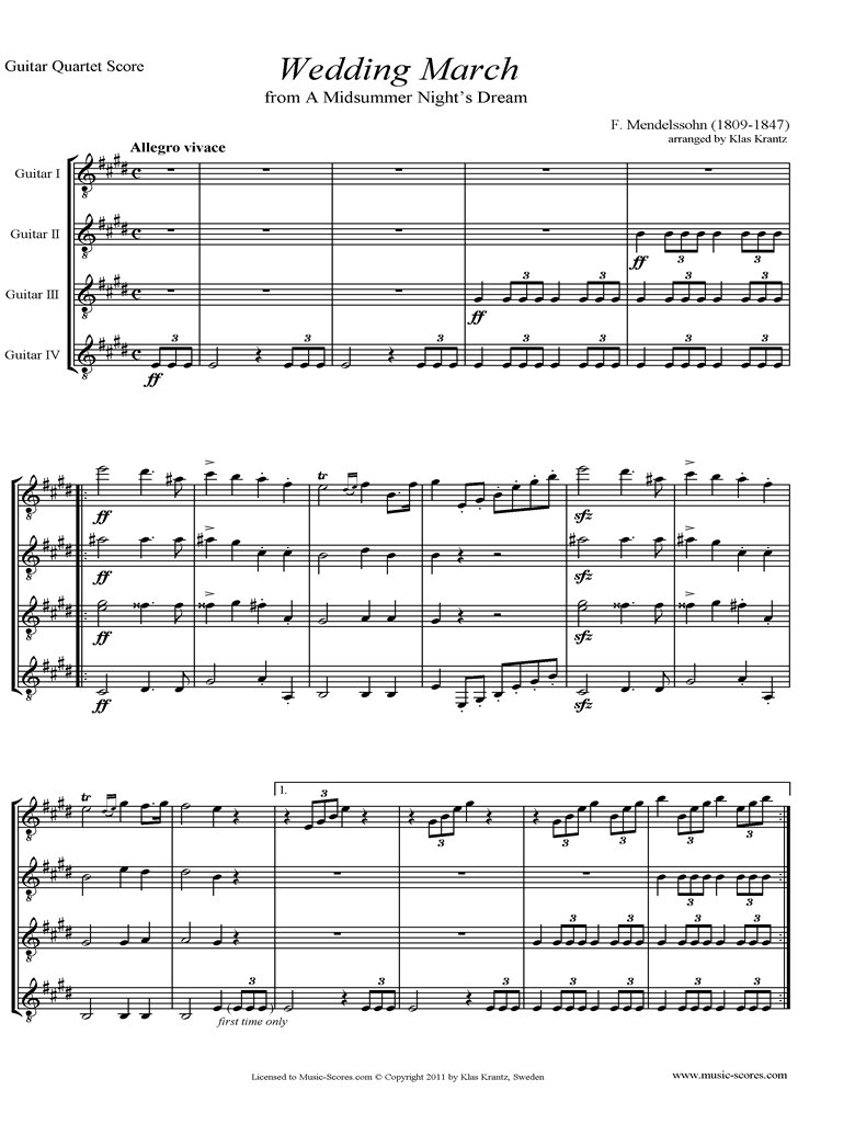Front page of Op.61: Midsummer Nights Dream: Bridal March: Guitar Quartet sheet music