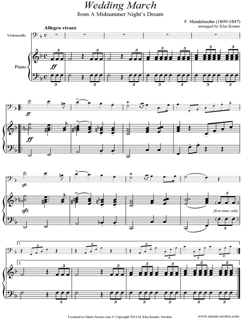Front page of Op.61: Midsummer Nights Dream: Bridal March: Cello, Piano sheet music