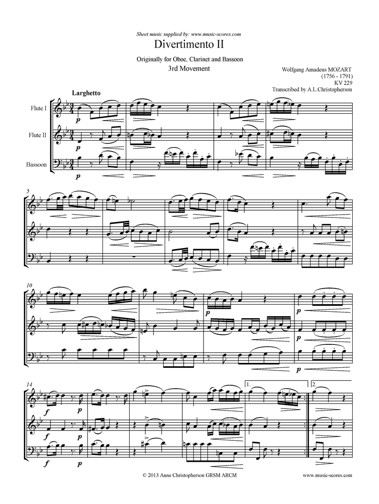 Front page of K439b, K.Anh229 Divertimento No 02: 3rd mvt, Larghetto: 2 Fls, Fg sheet music