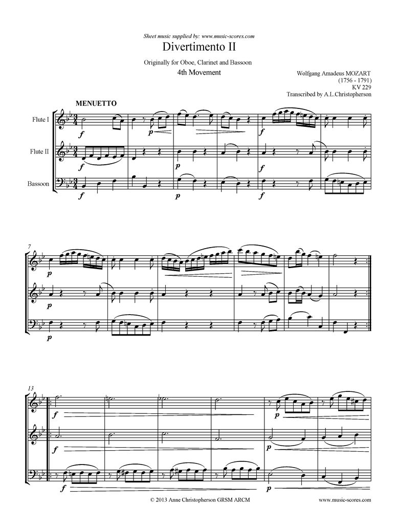 Front page of K439b, K.Anh229 Divertimento No 02: 4th mvt, Minuet and Trio: 2 Fls, Fg sheet music